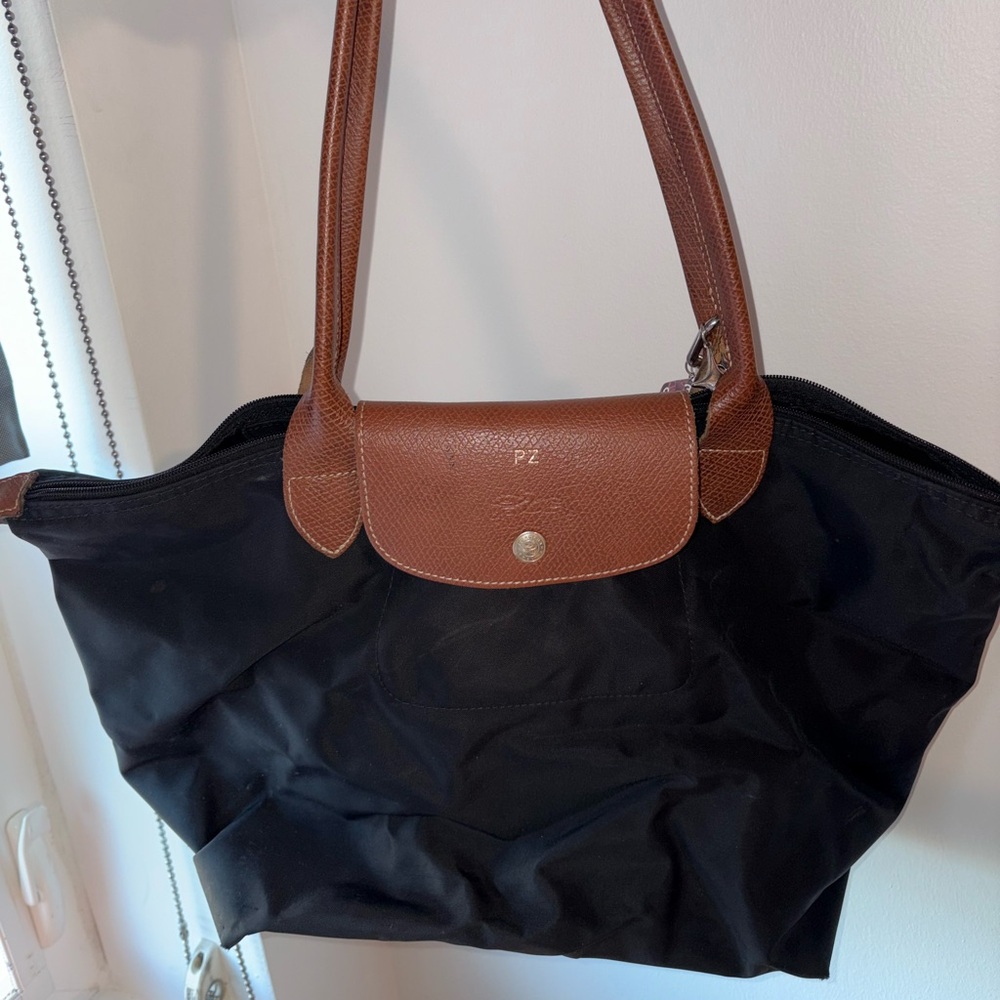 Longchamp Textured Tan and Black Leather Bag